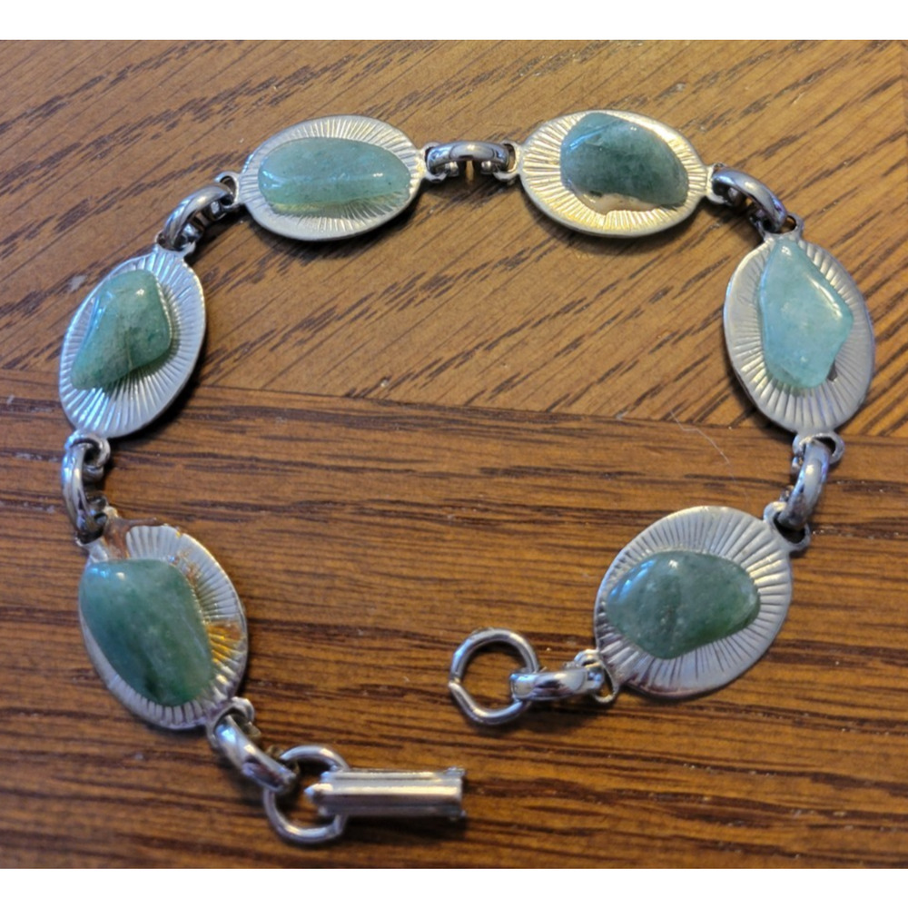 Vtg Estate Green Gemstone BOHO Silver Tone Fashion Jewelry‎ Bracelet Handmade